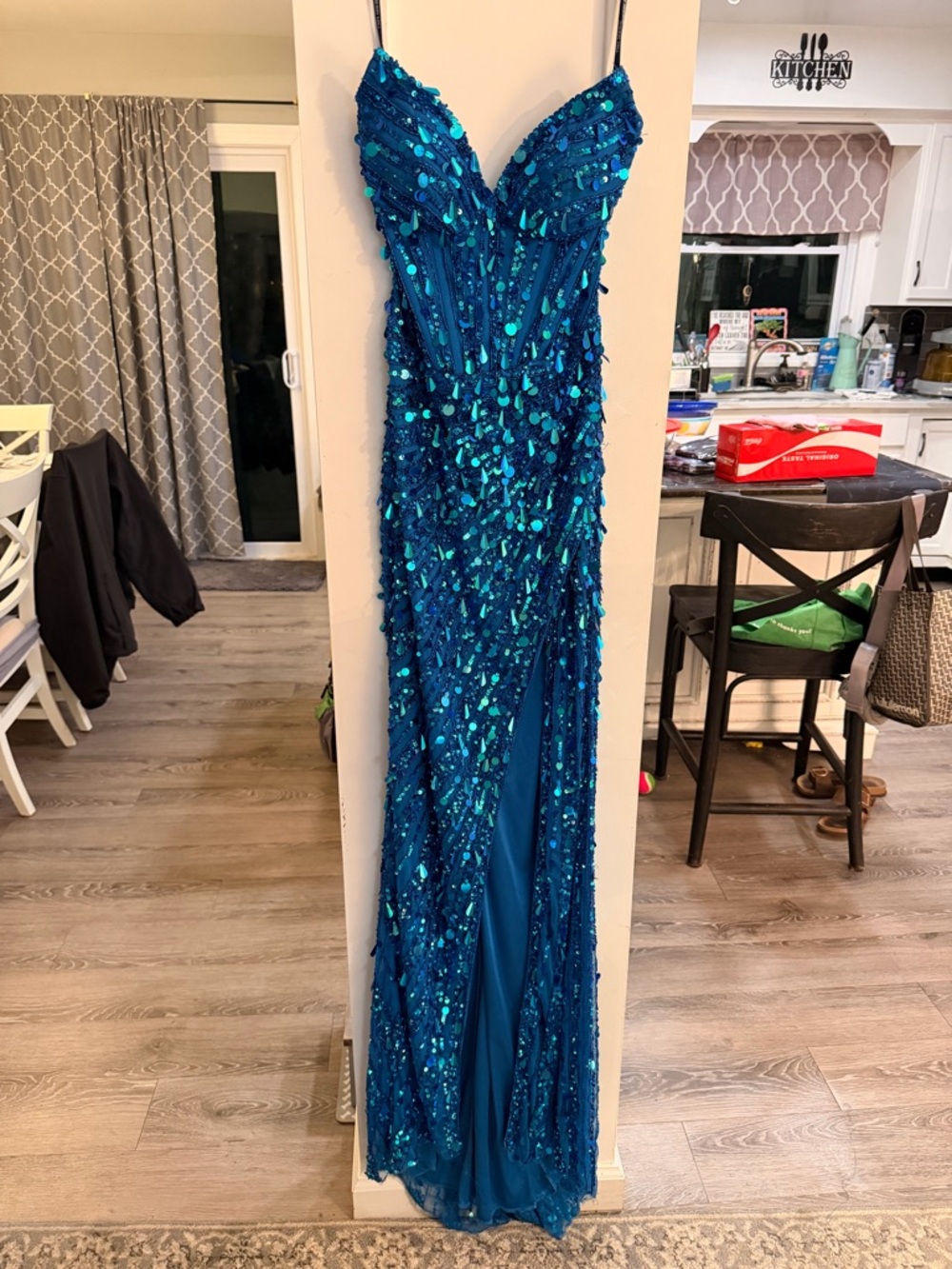 Sherri Hill 56756, Peacock Blue, Size 0, Bustle Included